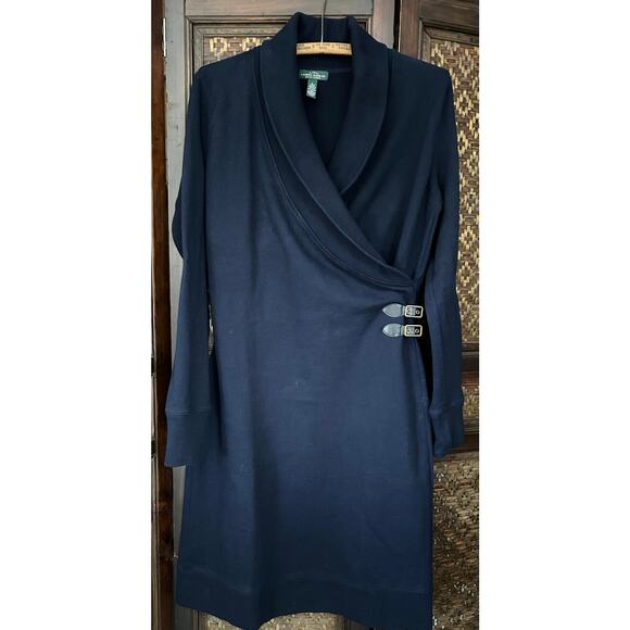 LRL Lauren Jean Co Faux Wrap Dress Navy Blue Heavy 100% Cotton Sz L Shawl Collar - Picture 10 of 10
